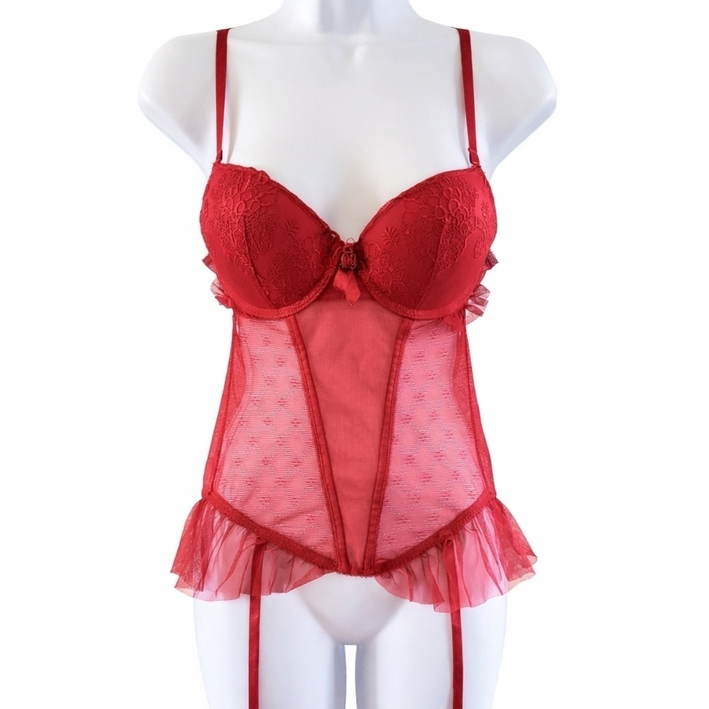 Adore Me Lingerie Corset Padded Pushup Bra Garter Stocking Clips Dainty Red Sexy